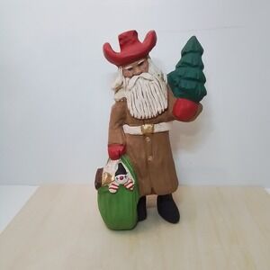 Handcrafted Cowboy Santa Claus Figurine with Christmas Tree and Gift Sack‎